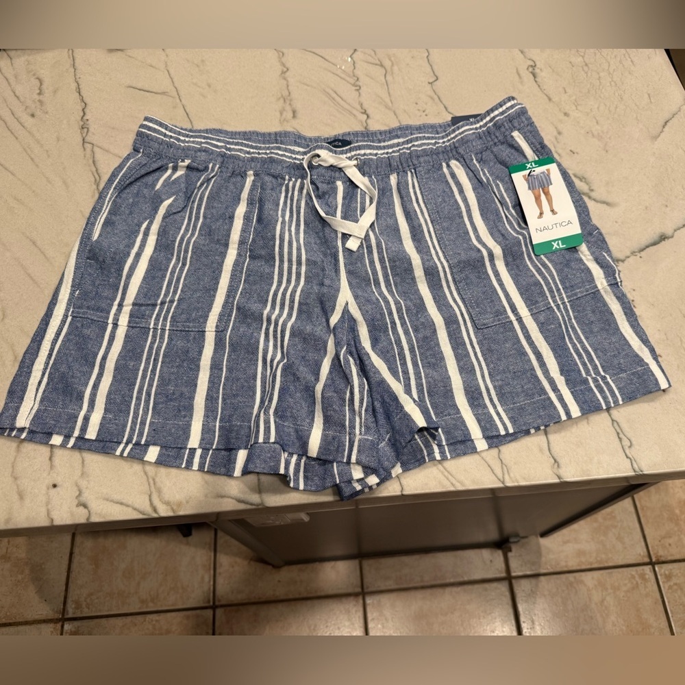 NAUTICA Women's Blue Shorts Size XL X-Large Striped Linen Boho Pockets NWT - Picture 2 of 15